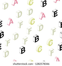 Light Green, Red vector seamless backdrop with 3D english symbols. Modern geometrical illustration with 3D ABC english symbols. Design for textile, fabric, wallpapers.