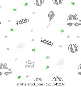 Light Green, Red vector seamless background in xmas style. Illustration with a gradient toy car, baloon, candy, star, ball. Pattern for carnival, festival ads.