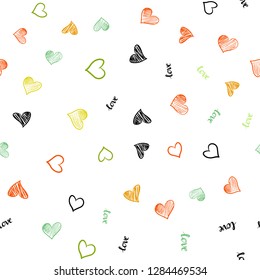Light Green, Red vector seamless background with words of love, hearts. Illustration with words of love, hearts in abstract style. Template for business cards, websites.