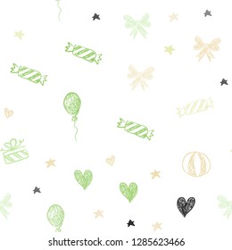 Light Green, Red vector seamless pattern in christmas style. Abstract illustration with aheart, baloon, candy, gift, star, ribbon. Pattern for new year ads.