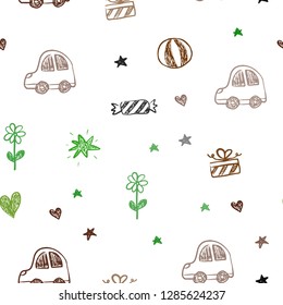 Light Green, Red vector seamless layout with new year gifts. Shining illustration with a toy car, heart, baloon, tulip, candy, ball. Design for colorful commercials.