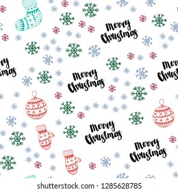 Light Green, Red vector seamless layout with bright snowflakes, balls, socks, mittens. Colorful decorative design in xmas style. Template for business cards, websites.