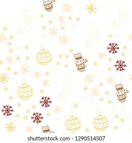 Light Green, Red vector seamless template with ice snowflakes, balls, socks, mittens. Colorful xmas elements with gradient. Texture for window blinds, curtains.