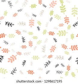 Light Green, Red vector seamless natural backdrop with leaves, branches. Sketchy doodles on white background. Texture for window blinds, curtains.