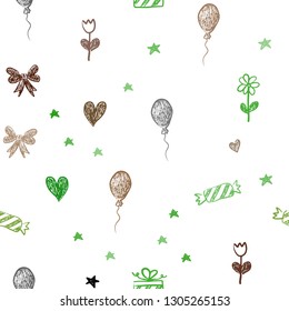 Light Green, Red vector seamless layout in new year style. Colorful illustration with aheart, baloon, candy, gift, star, ribbon. Template for new year postcards.