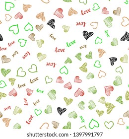Light Green, Red vector seamless texture with words LOVE YOU, hearts. Illustration with phrase LOVE YOU, hearts for valentine's day. Pattern for trendy fabric, wallpapers.