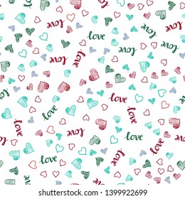 Light Green, Red vector seamless backdrop with phrase LOVE YOU, hearts. Colorful gradient phrase LOVE YOU, hearts in abstract style. Pattern for trendy fabric, wallpapers.