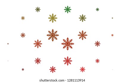 Light Green, Red vector template with ice snowflakes. Blurred decorative design in xmas style with snow. The template can be used as a new year background.
