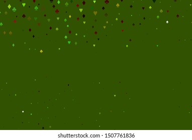 Light Green, Red vector template with poker symbols. Shining illustration with hearts, spades, clubs, diamonds. Smart design for your business advert of casinos.