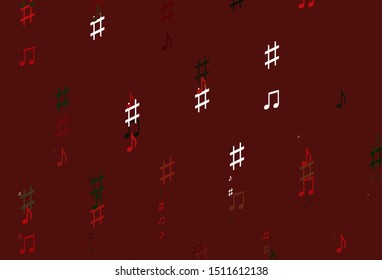 Light Green, Red vector template with musical symbols. Shining illustration of colorful gradient music notes. Pattern for festival leaflets.