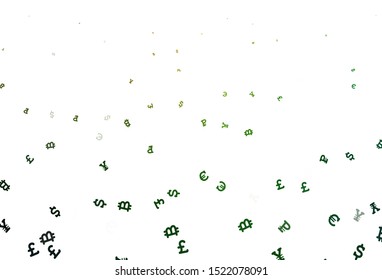 Light Green, Red vector template with currency. Colored symbols of currency on white background. Pattern for financial, investment websites.