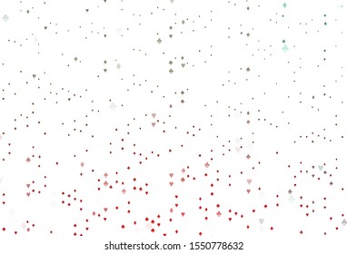 Light Green, Red vector template with poker symbols. Colorful gradient with signs of hearts, spades, clubs, diamonds. Pattern for leaflets of poker games, events.