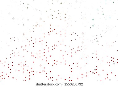 Light Green, Red vector template with poker symbols. Glitter abstract sketch with isolated symbols of playing cards. Pattern for booklets, leaflets of gambling houses.