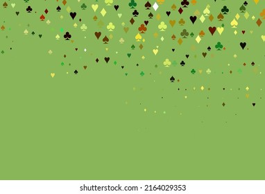 Light Green, Red vector template with poker symbols. Colorful gradient with signs of hearts, spades, clubs, diamonds. Design for ad, poster, banner of gambling websites.