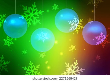 Light Green, Red vector template in carnival style. Colorful illustration with snow and new year Xmas balls. Template for lettering, typography.