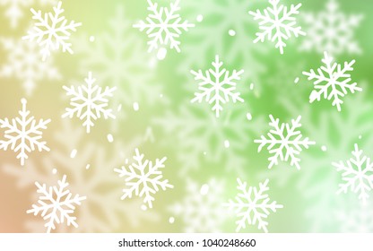 Light Green, Red vector texture with colored snowflakes. Snow on blurred abstract background with gradient. The pattern can be used for new year ad, booklets.