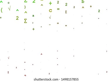 Light Green, Red vector texture with mathematic symbols. Blurred design in simple style with collection of numerals. Pattern for ads, poster, banner of books.