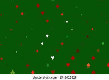Light Green, Red vector texture with playing cards. Shining illustration with hearts, spades, clubs, diamonds. Pattern for ads of parties, events in Vegas.