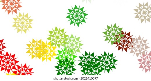 Light green, red vector texture with bright snowflakes. Colorful abstract illustration with snowflakes. Xmas design for business.