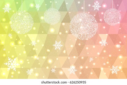 Light Green, red, Yellow vector low poly crystal background with snowflakes. Polygon christmas design pattern. Low poly illustration of New Year celebration.