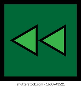 Light green reverse double arrow button dark green background for music, movie and computer concepts.	