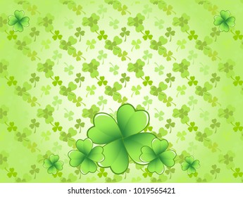 Light green Saint Patrick's Day frame with four-leaf clover shamrock leaves. Irish festival celebration greeting card design background. Horizontal backdrop.