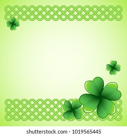 Light green Saint Patrick's Day frame with four-leaf clover shamrock leaves. Irish festival celebration greeting card design background. Celtic interlaced knots square backdrop.