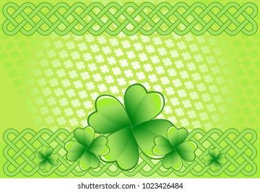 Light green Saint Patrick's Day frame with four-leaf clover shamrock leaves. Irish festival celebration greeting card design background. Celtic interlaced knots horizontal backdrop.