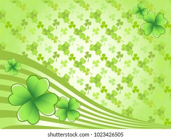 Light green Saint Patrick's Day frame with four-leaf clover shamrock leaves. Irish festival celebration greeting card design background. Horizontal backdrop.