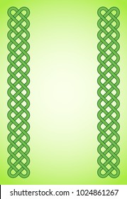 Light green Saint Patrick's Day frame. Irish festival celebration greeting card design background. Celtic interlaced knots vertical backdrop.