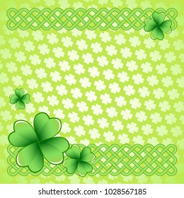 Light green Saint Patrick's Day frame with four-leaf clover shamrock leaves. Irish festival celebration greeting card design background. Celtic interlaced knots square backdrop.