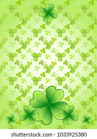 Light green Saint Patrick's Day frame with four-leaf clover shamrock leaves. Irish festival celebration greeting card design background. Vertical backdrop.