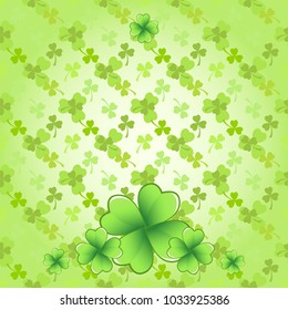Light green Saint Patrick's Day frame with four-leaf clover shamrock leaves. Irish festival celebration greeting card design background. Square backdrop.