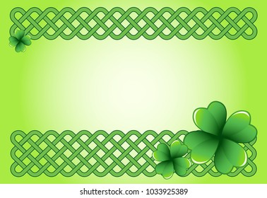 Light green Saint Patrick's Day frame with four-leaf clover shamrock leaves. Irish festival celebration greeting card design background. Celtic interlaced knots horizontal backdrop.
