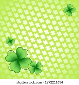 Light green Saint Patrick's Day frame with four-leaf clover shamrock leaves. Irish festival celebration greeting card design background. Square backdrop.