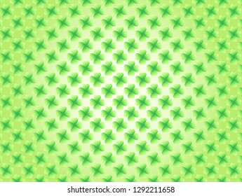 Light green Saint Patrick's Day frame with four-leaf clover shamrock leaves pattern. Irish festival celebration greeting card design background. Horizontal backdrop.
