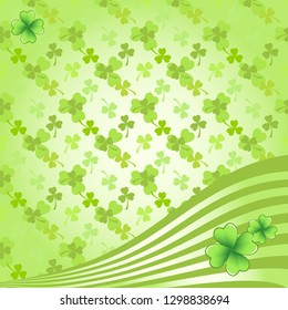Light green Saint Patrick's Day frame with four-leaf clover shamrock leaves. Irish festival celebration greeting card design background. Square backdrop.