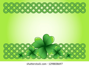 Light green Saint Patrick's Day frame with four-leaf clover shamrock leaves. Irish festival celebration greeting card design background. Celtic interlaced knots horizontal backdrop.