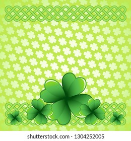 Light green Saint Patrick's Day frame with four-leaf clover shamrock leaves. Irish festival celebration greeting card design background. Celtic interlaced knots square backdrop.