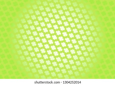 Light green Saint Patrick's Day frame with four-leaf clover shamrock leaves pattern. Irish festival celebration greeting card design background. Horizontal backdrop.