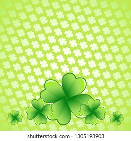 Light green Saint Patrick's Day frame with four-leaf clover shamrock leaves. Irish festival celebration greeting card design background. Square backdrop.