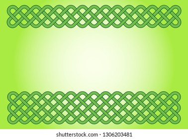 Light green Saint Patrick's Day frame. Irish festival celebration greeting card design background. Celtic interlaced knots horizontal backdrop.