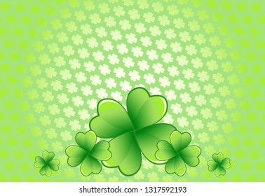Light green Saint Patrick's Day frame with four-leaf clover shamrock leaves. Irish festival celebration greeting card design background. Horizontal backdrop.