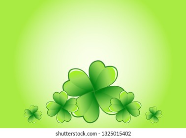 Light green Saint Patrick's Day frame with four-leaf clover shamrock leaves. Irish festival celebration greeting card design background. Horizontal backdrop.