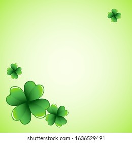 Light green Saint Patrick's Day frame with four-leaf clover shamrock leaves. Irish festival celebration greeting card design background. Square backdrop.