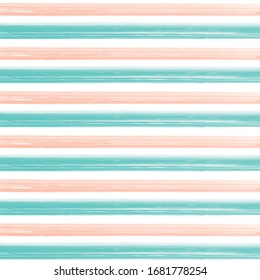 Light Green And Light Salmon Watercolor Brush Stripes. Vector seamless strip watercolor pattern. Blue Green background. Seamless nautical pattern with hand painted brush strokes.