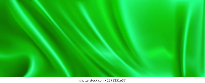 Light green satin cloth background. Vector realistic illustration of grass color silk fabric with wavy surface, luxury soft textile material, smooth texture, curtain with abstract folds, liquid paint