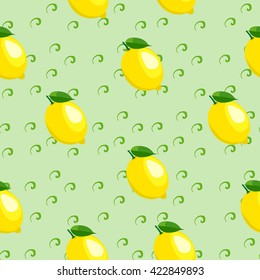 Light green seamless background with fresh yellow lemon and leaves.