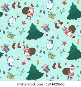 Light green seamless pattern with cute colorful Christmas doodle elements. Winter New Year texture with firs, snowmen, giftbox, santa, stockings for textile, wrapping paper, wallpaper decor