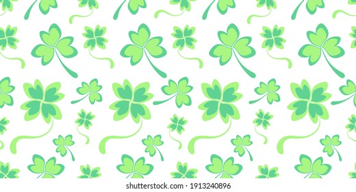 Light green seamless pattern with double shamrock leaves and clover hearts. Spring green background for St. Patrick's Day. Holiday background, wallpaper, wrapping paper, fabric, hand drawn texture
